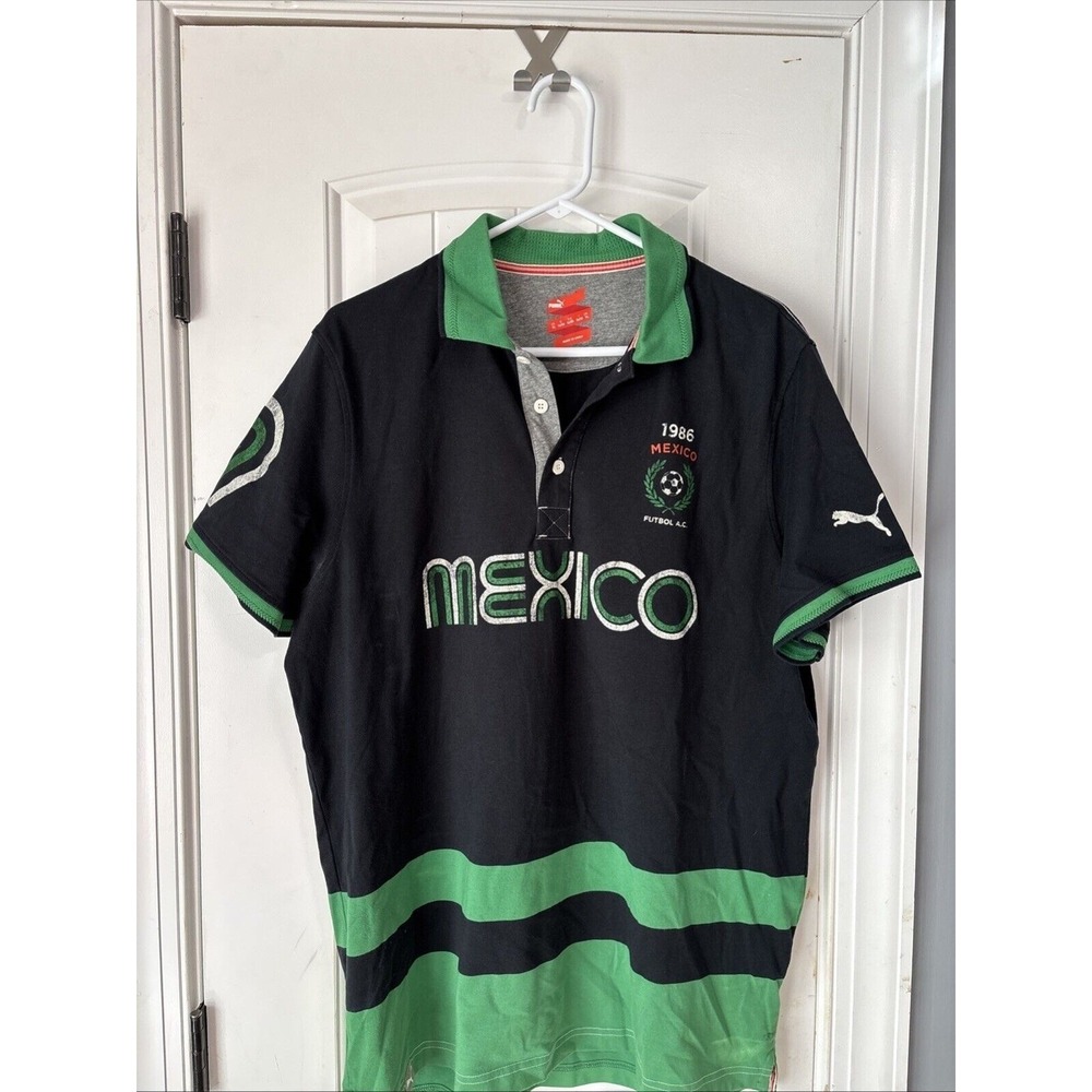 Vintage PUMA 1986 Mexico Football Green & Black Polo Shirt‎ Size XL